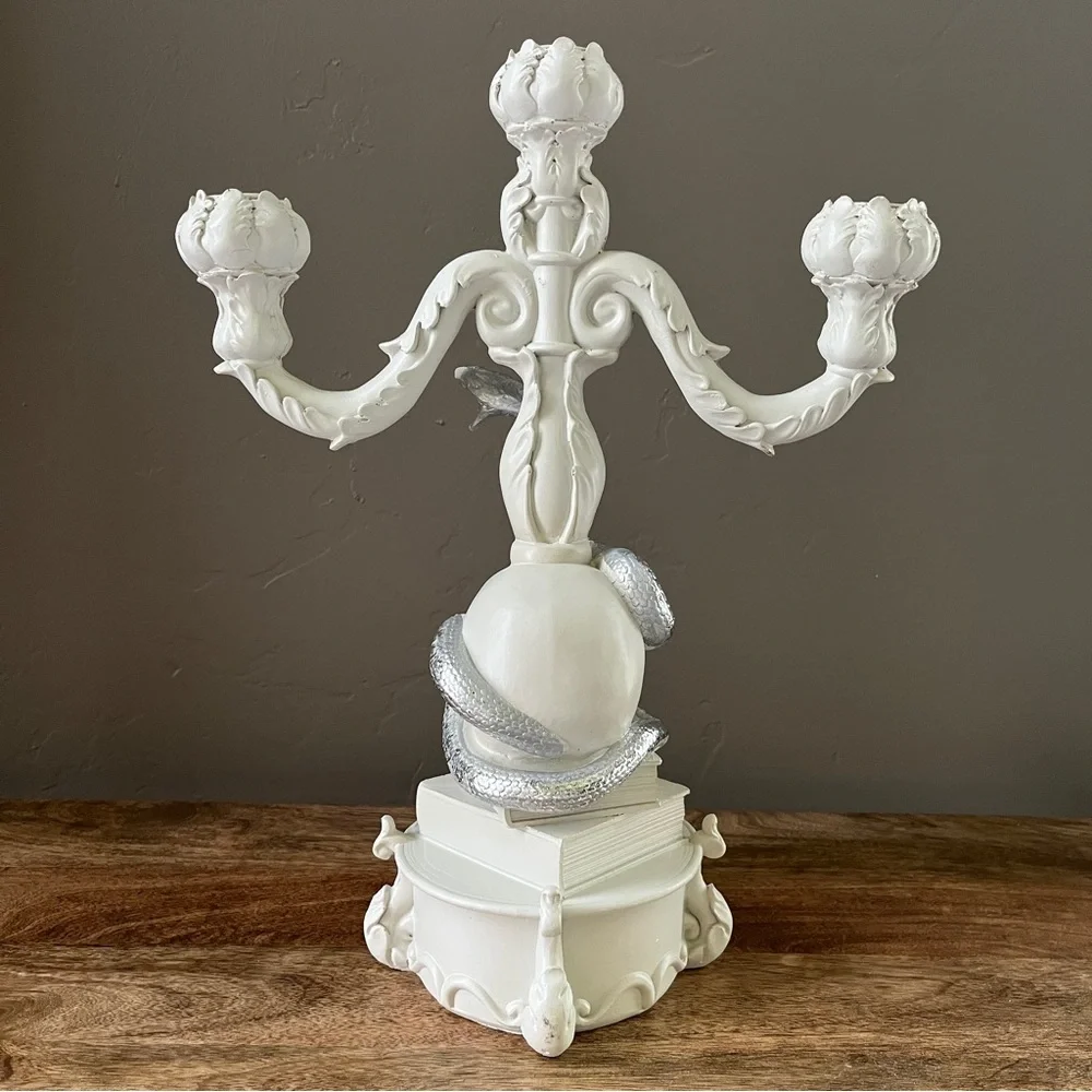 Skeleton Skull Spell Books & Snake Whimsical Candelabra Decor NWOT Candle Holder
